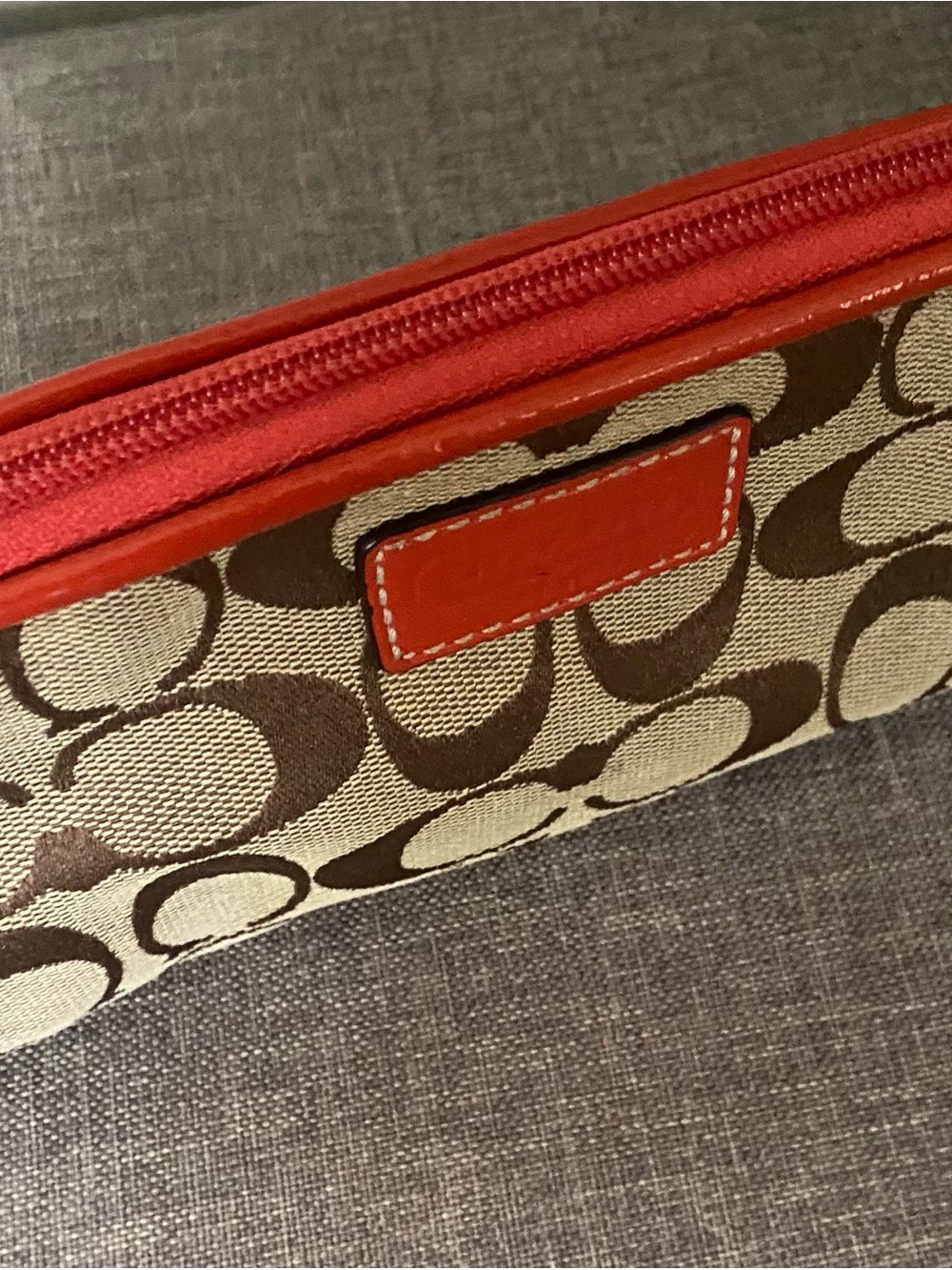 Coach Signature Canvas Cosmetic Pouch in Tan with Orange Trim - Picture 7 of 9